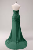 Dark Green Mermaid Strapless Ruched Corset Long Prom Dress with Slit