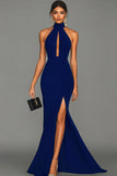 Black Halter Neck Mermaid Satin Long Formal Dress