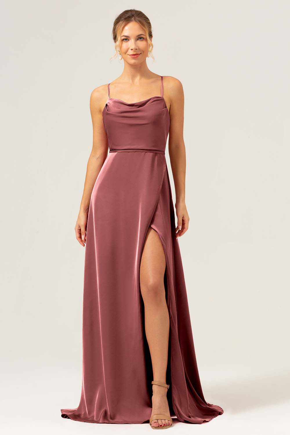 Dark Navy A Line Cowl Neck Long Satin Bridesmaid Dress with Slit