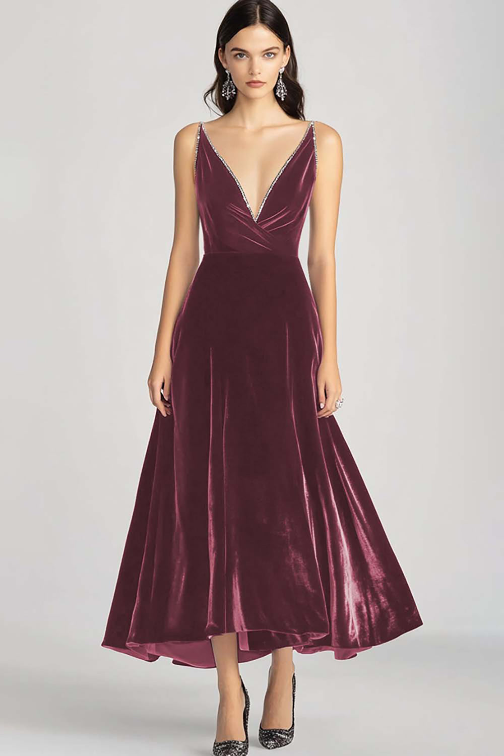 Burgundy Velvet V Neck Spaghetti Straps Formal Dress