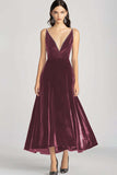Burgundy Velvet V Neck Spaghetti Straps Formal Dress