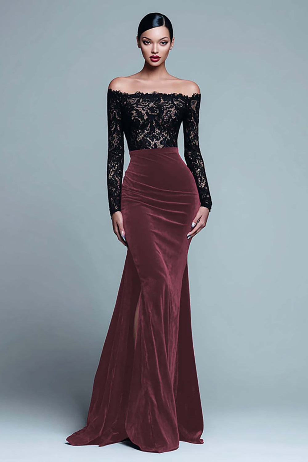 Black and Burgundy Velvet Mermaid Long Sleeve Lace Formal Dress