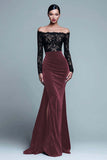 Black and Burgundy Velvet Mermaid Long Sleeve Lace Formal Dress
