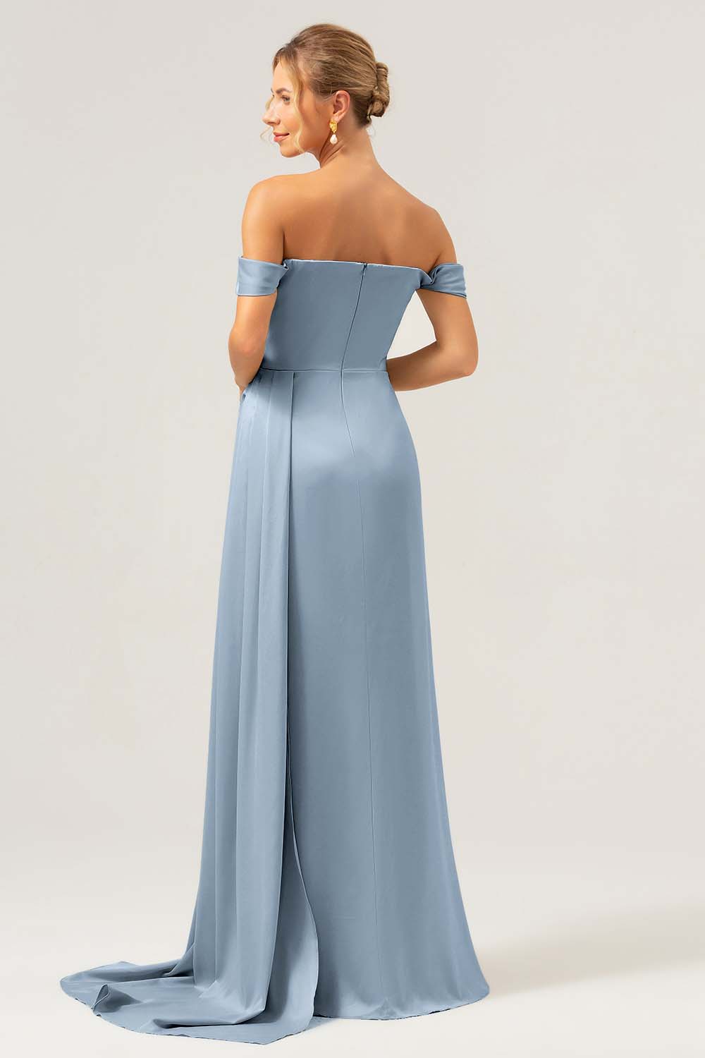 Stylish Dark Green Mermaid Off The Shoulder Pleated Satin Long Bridesmaid Dress with Slit