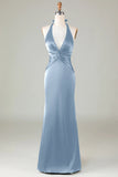 Dark Green Halter V Neck Open Back Satin Mermaid Long Bridesmaid Dress