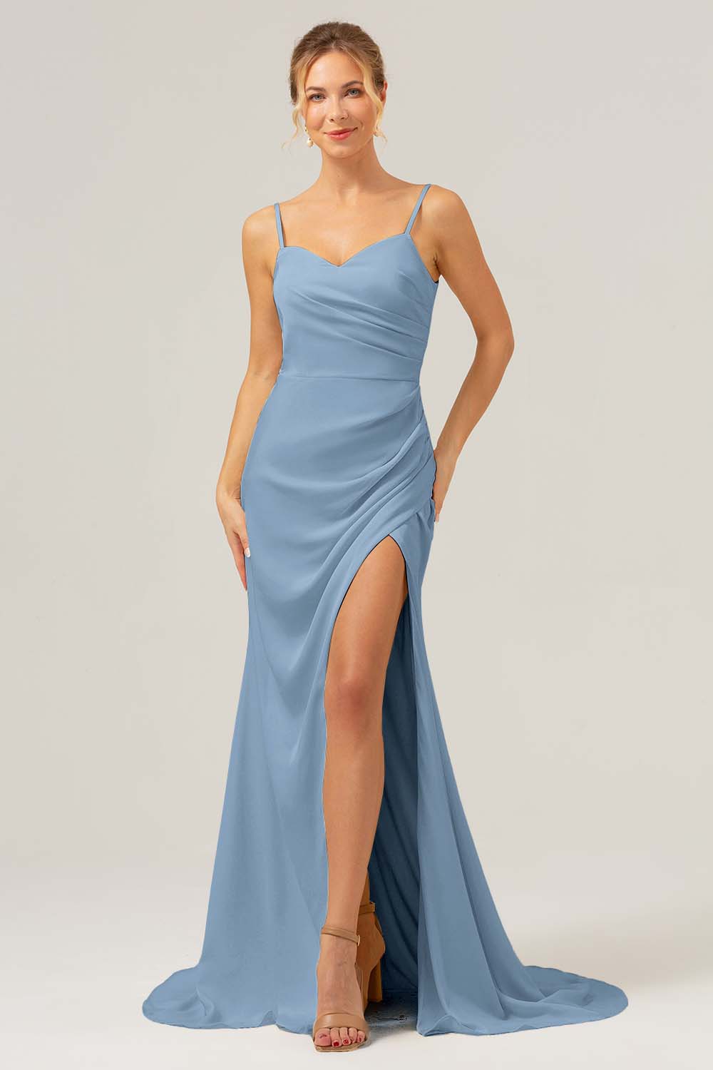 Black Sheath Spaghetti Straps Ruched Long Satin Bridesmaid Dress with Slit