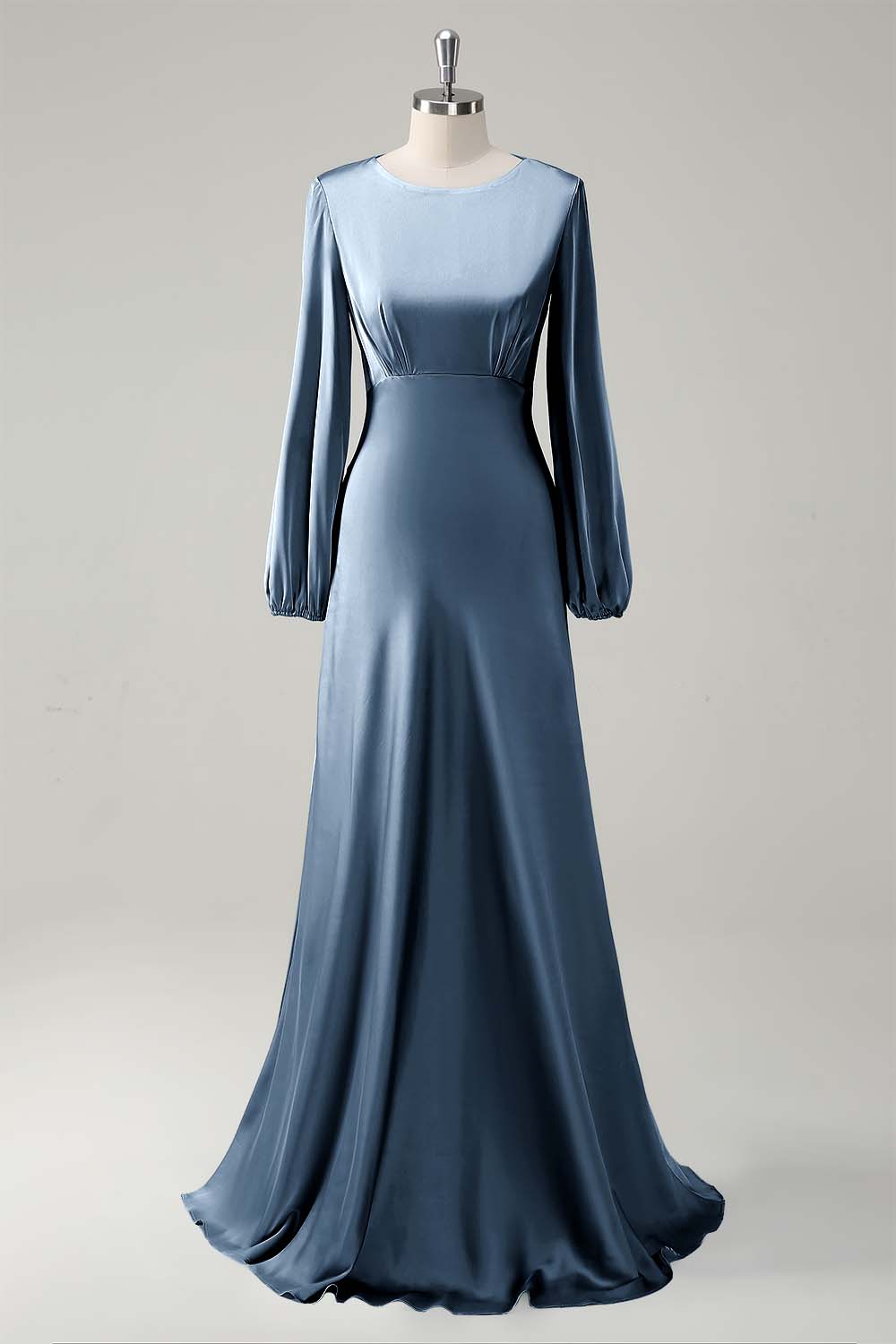 Agave A-Line Round Neck Satin Long Bridesmaid Dress with Long Sleeves