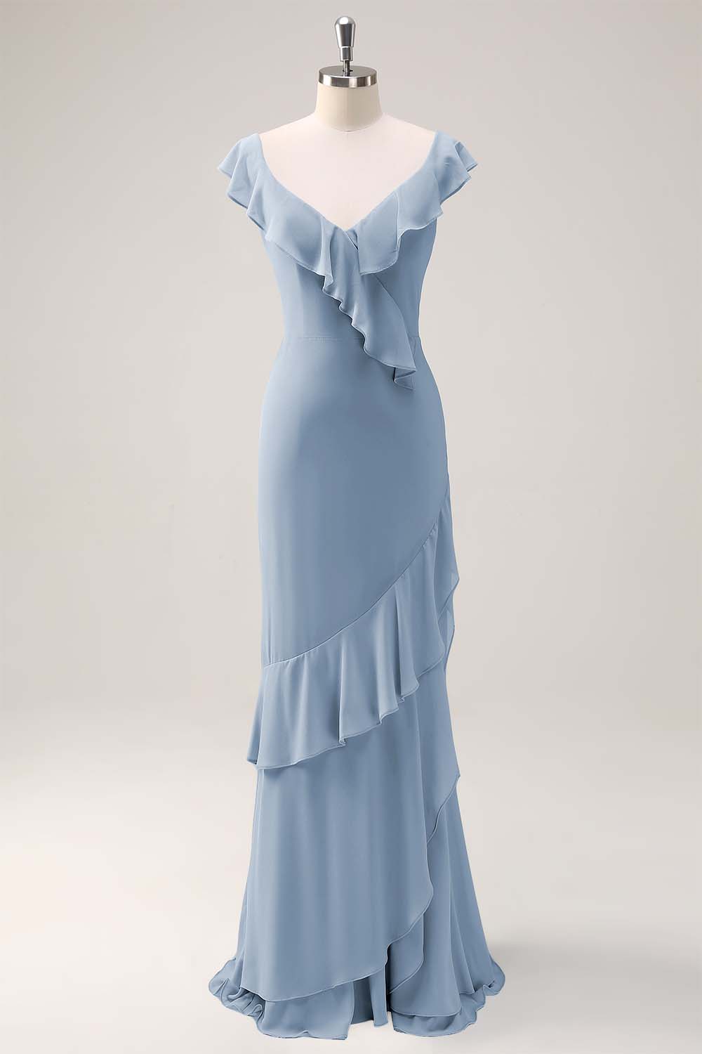 Dusty Sage Sheath V Neck Chiffon Long Bridesmaid Dress with Ruffles