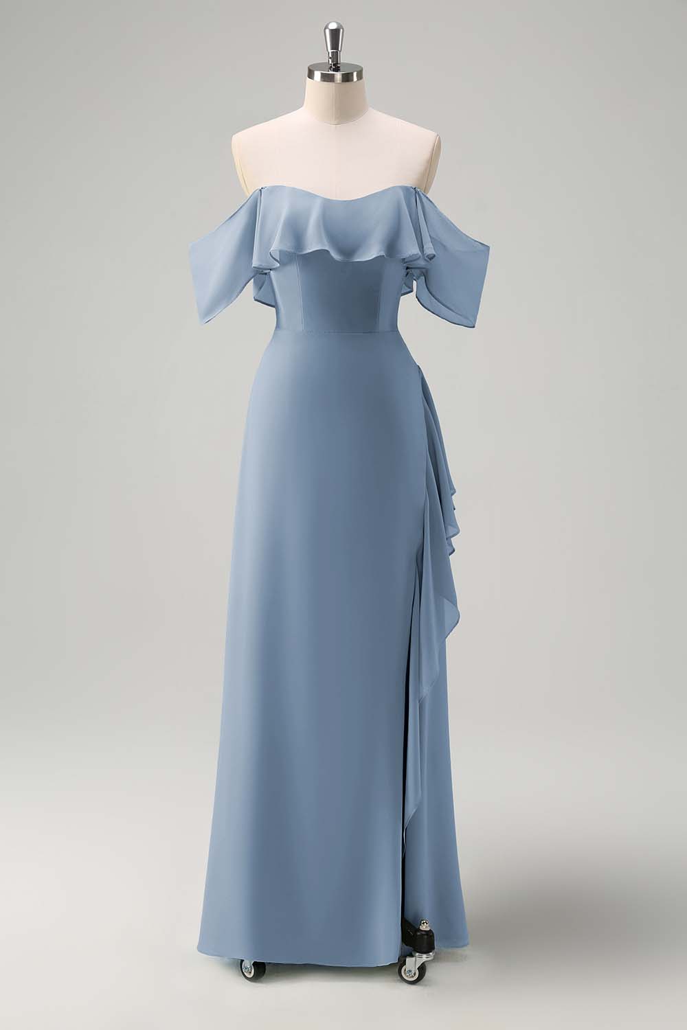 Light Green Sheath Off The Shoulder Chiffon Long Bridesmaid Dress with Ruffle Slit