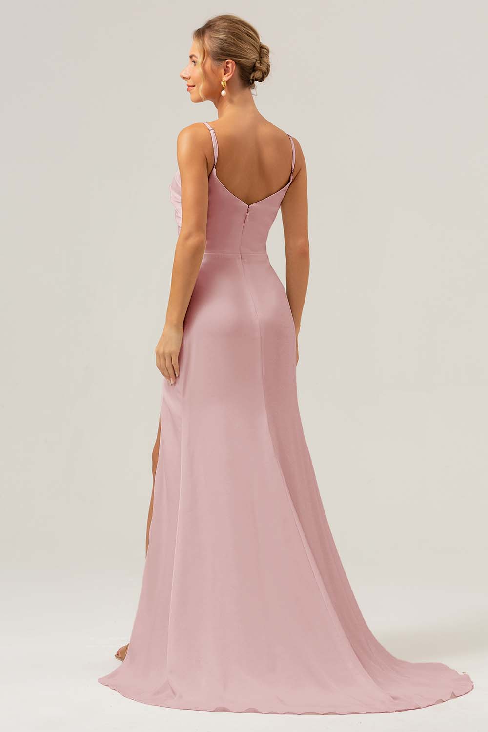 Black Sheath Spaghetti Straps Ruched Long Satin Bridesmaid Dress with Slit