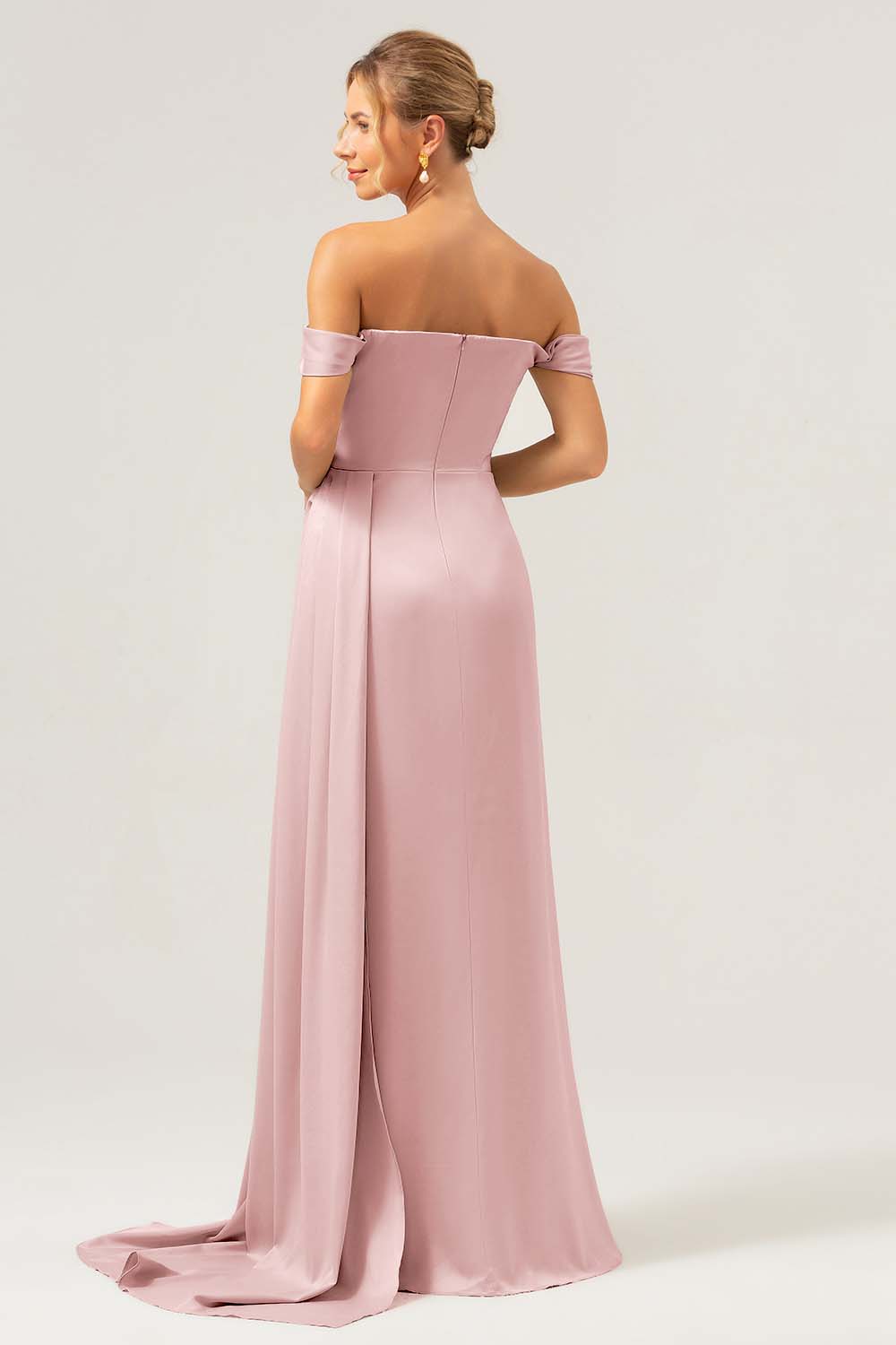 Stylish Dark Green Mermaid Off The Shoulder Pleated Satin Long Bridesmaid Dress with Slit