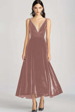 Burgundy Velvet V Neck Spaghetti Straps Formal Dress
