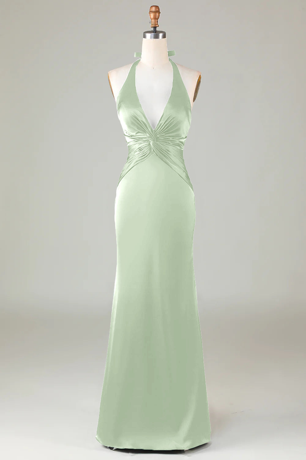 Dusty Sage Satin Mermaid Ruched Halter Bridesmaid Dress