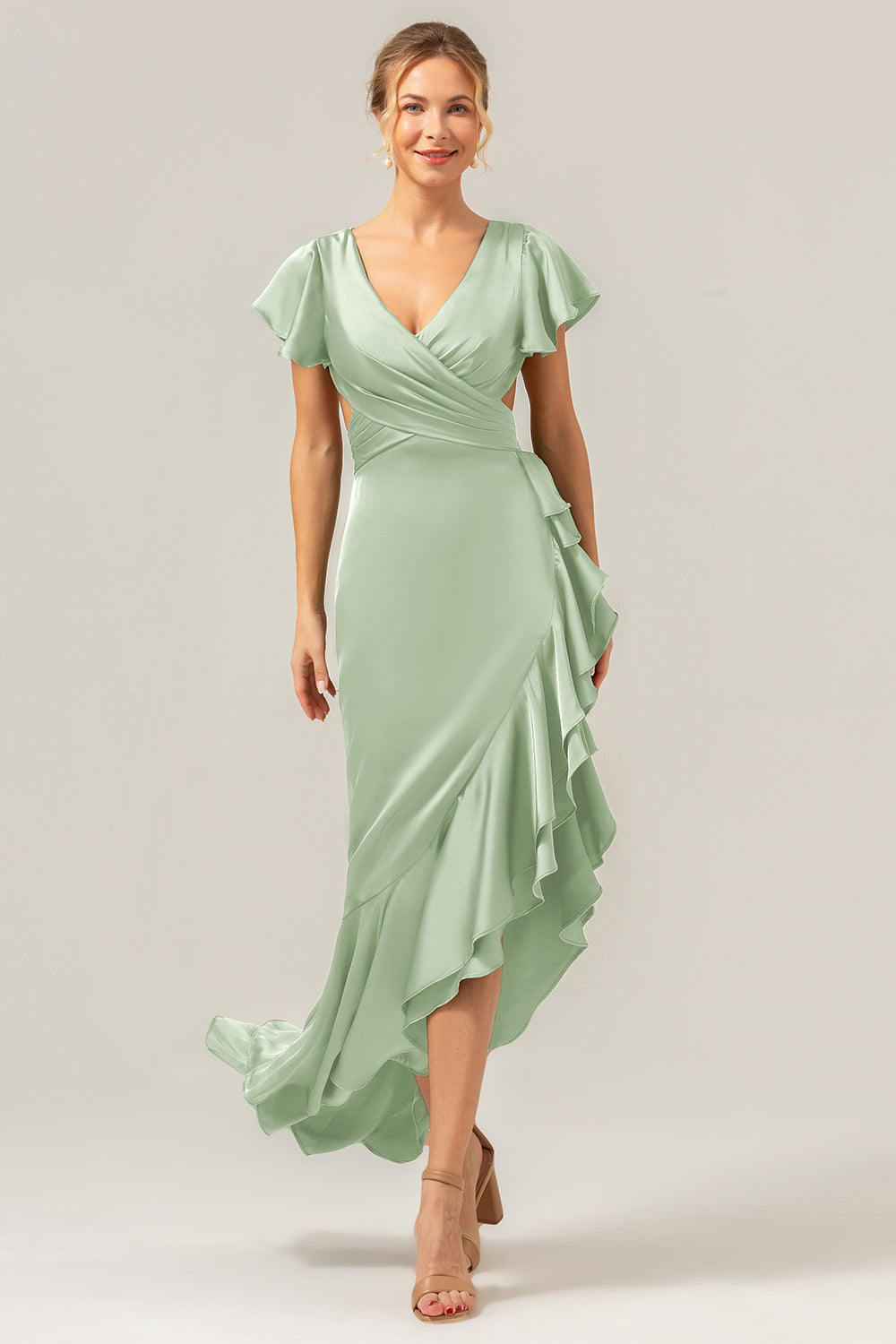 A Line V Neck Asymmetrical Dark Green Bridesmaid Dress with Ruffle Slit