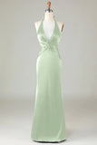 Dark Green Halter V Neck Open Back Satin Mermaid Long Bridesmaid Dress