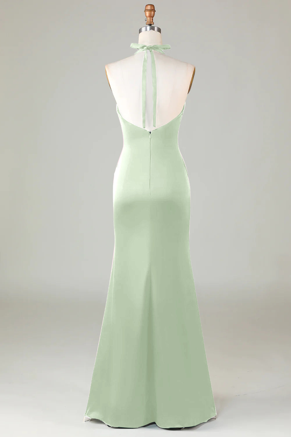 Dusty Sage Satin Mermaid Ruched Halter Bridesmaid Dress