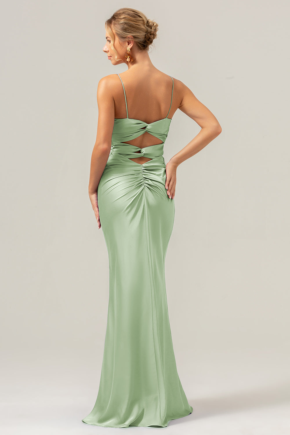 Daffodil Mermaid Spaghetti Straps Front Pleated Long Bridesmaid Dress