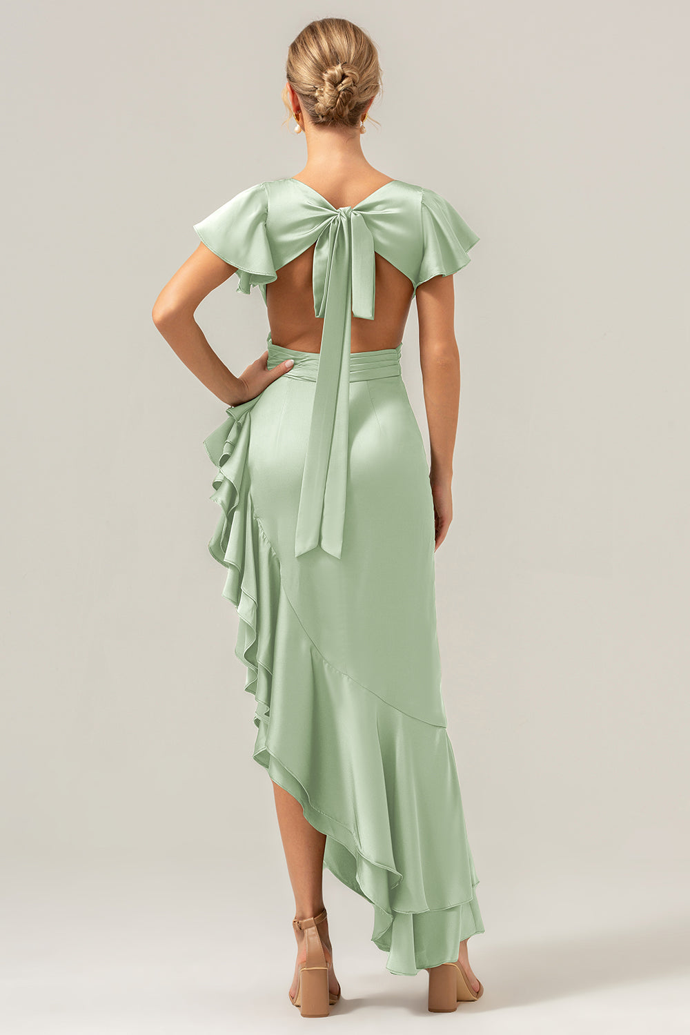 A Line V Neck Asymmetrical Dark Green Bridesmaid Dress with Ruffle Slit