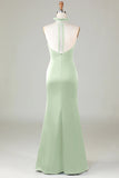 Dark Green Halter V Neck Open Back Satin Mermaid Long Bridesmaid Dress