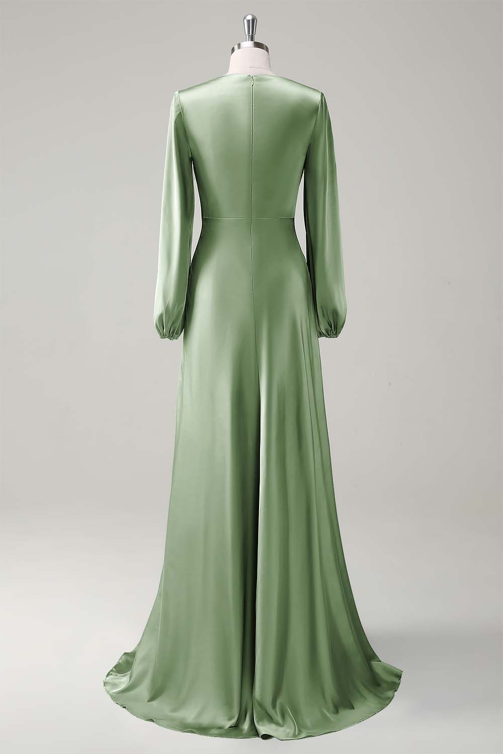 Agave A-Line Round Neck Satin Long Bridesmaid Dress with Long Sleeves