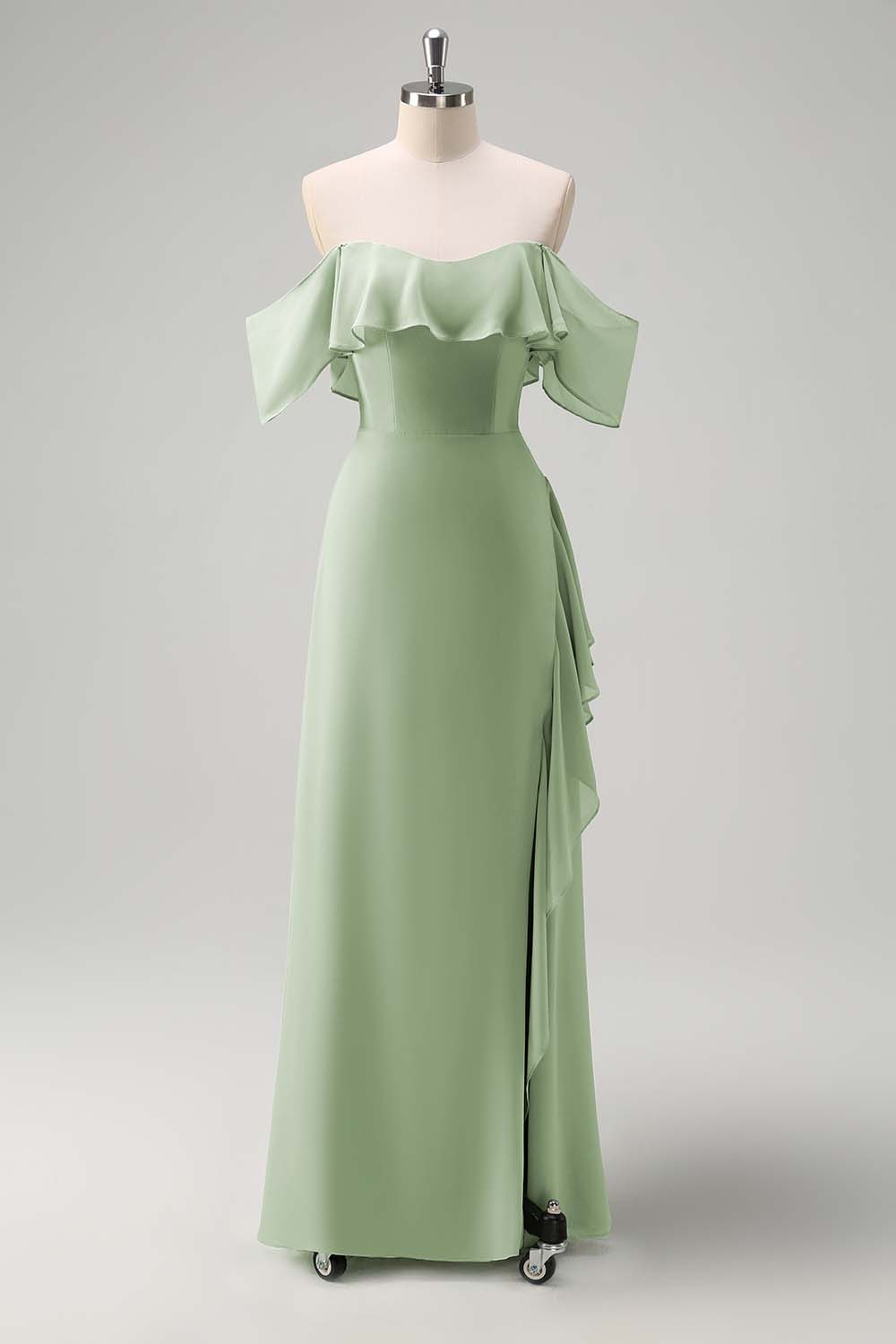 Light Green Sheath Off The Shoulder Chiffon Long Bridesmaid Dress with Ruffle Slit
