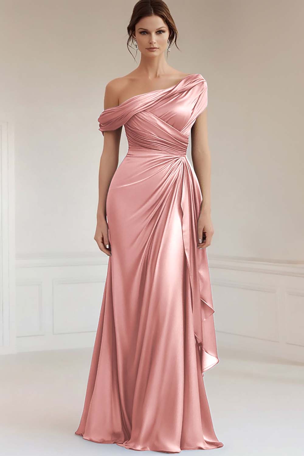 Grey Blue One Shoulder Satin Ruched Formal Dress with Ruffles