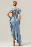 A Line V Neck Asymmetrical Dark Green Bridesmaid Dress with Ruffle Slit
