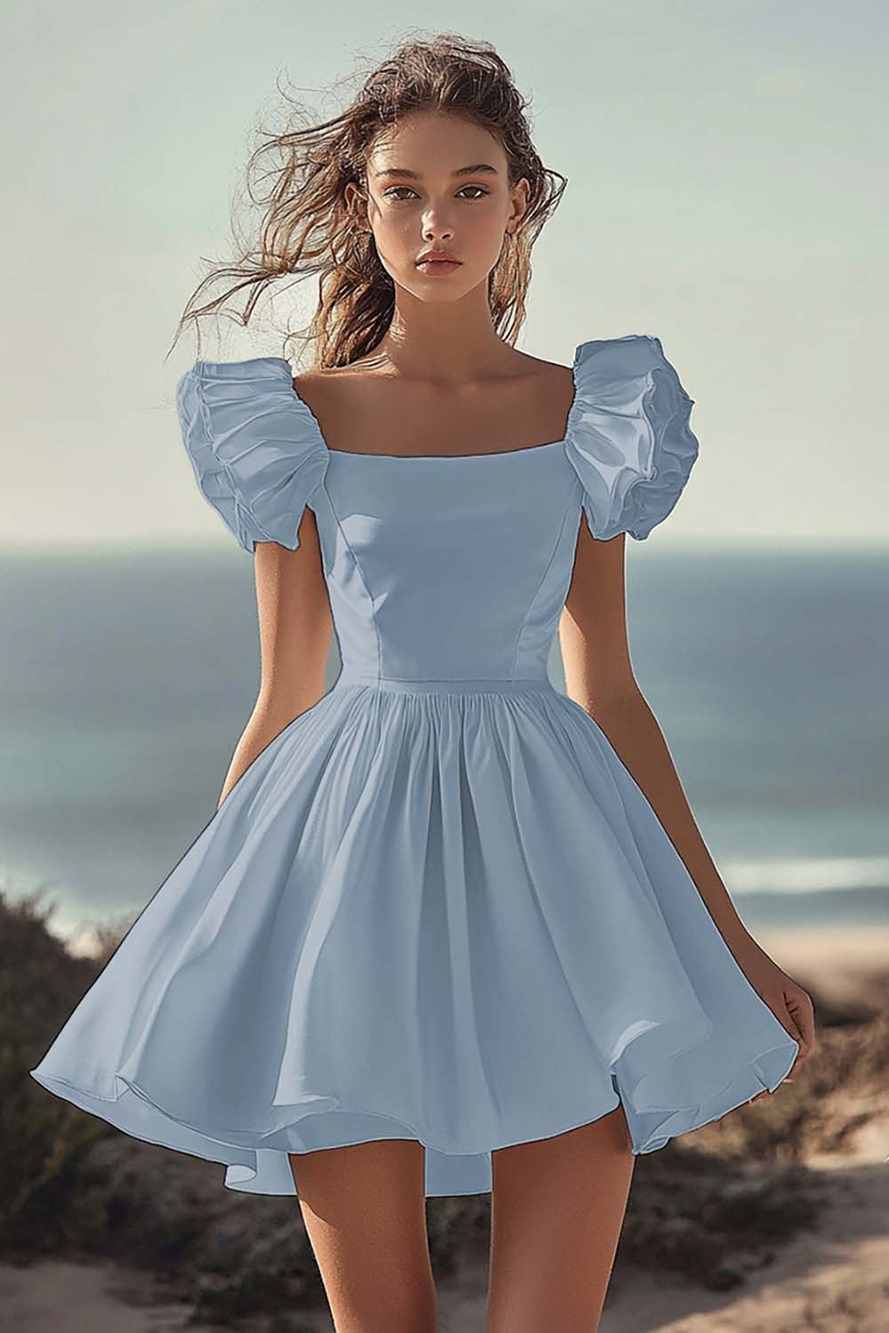 A Line White Puff Sleeves Ruched Short Graduation Dress