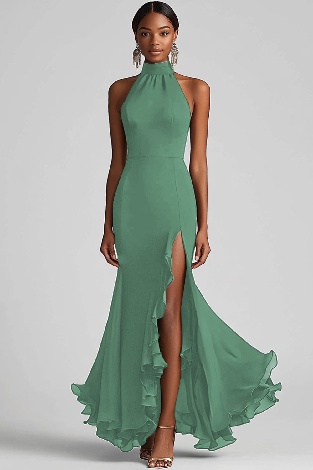 Halter Neck Black Ruffles Mermaid Long Formal Dress with Slit