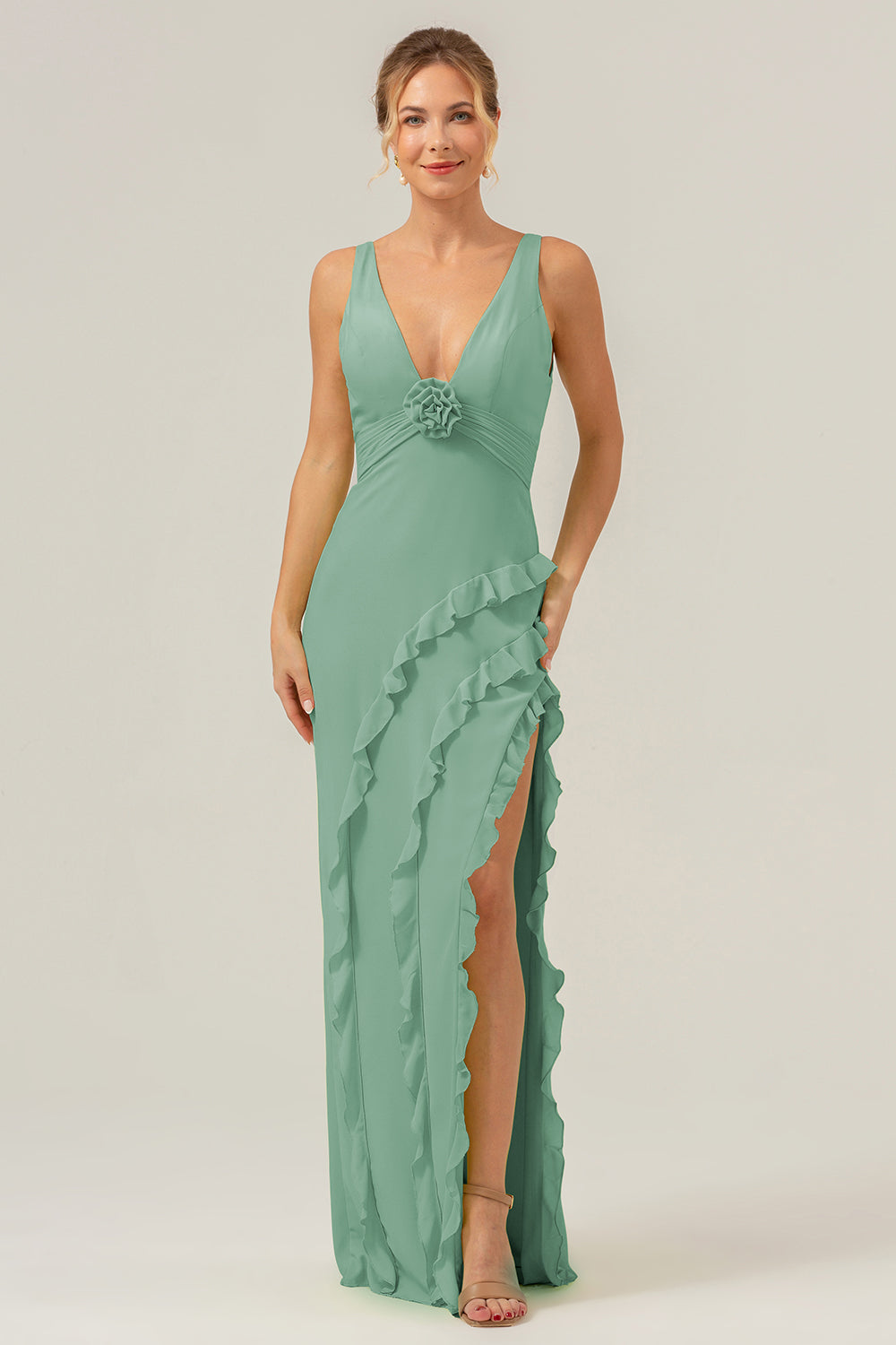 Burgundy Sheath V Neck Floral Open Back Bridesmaid Dress with Ruffle Slit