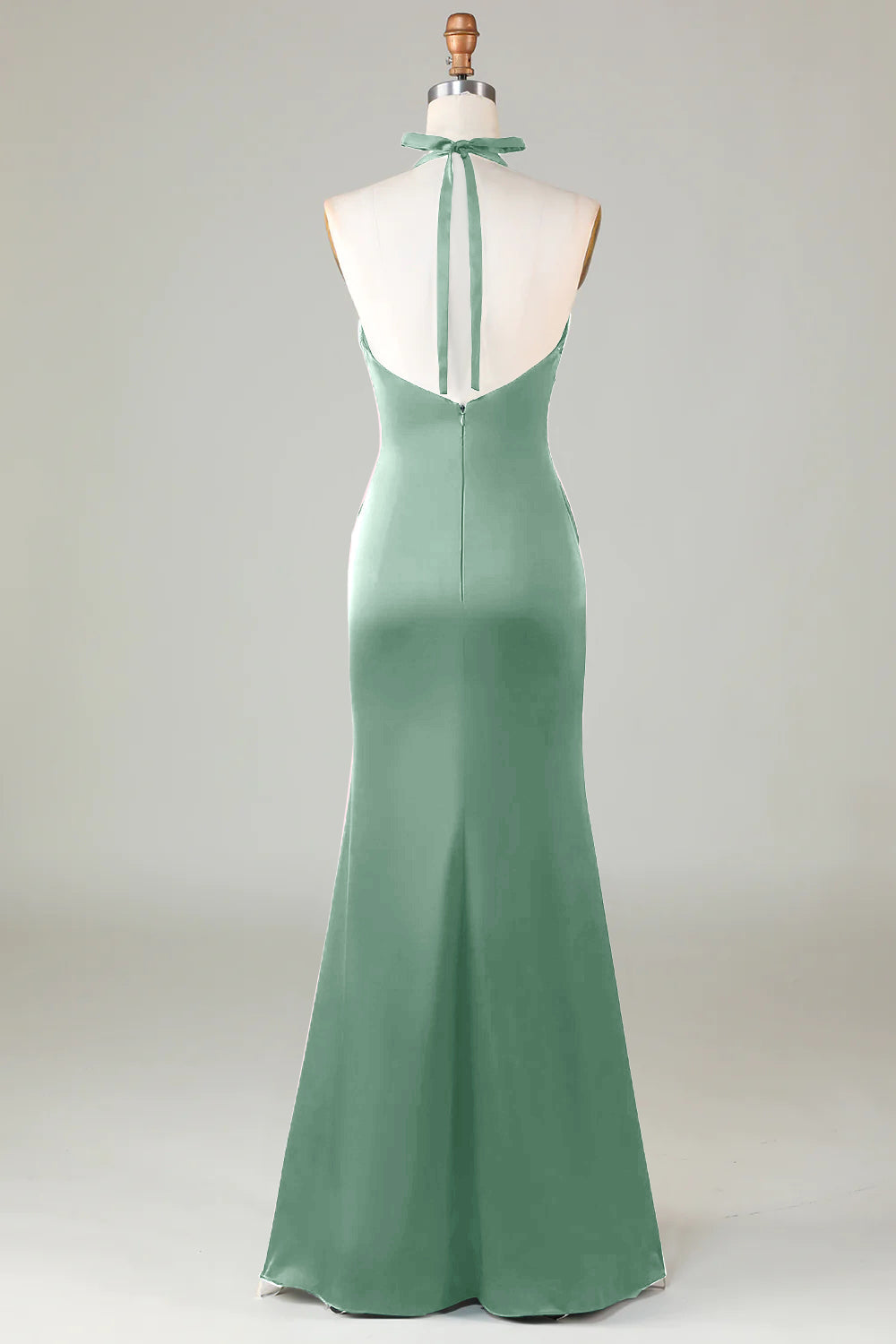 Dark Green Halter V Neck Open Back Satin Mermaid Long Bridesmaid Dress