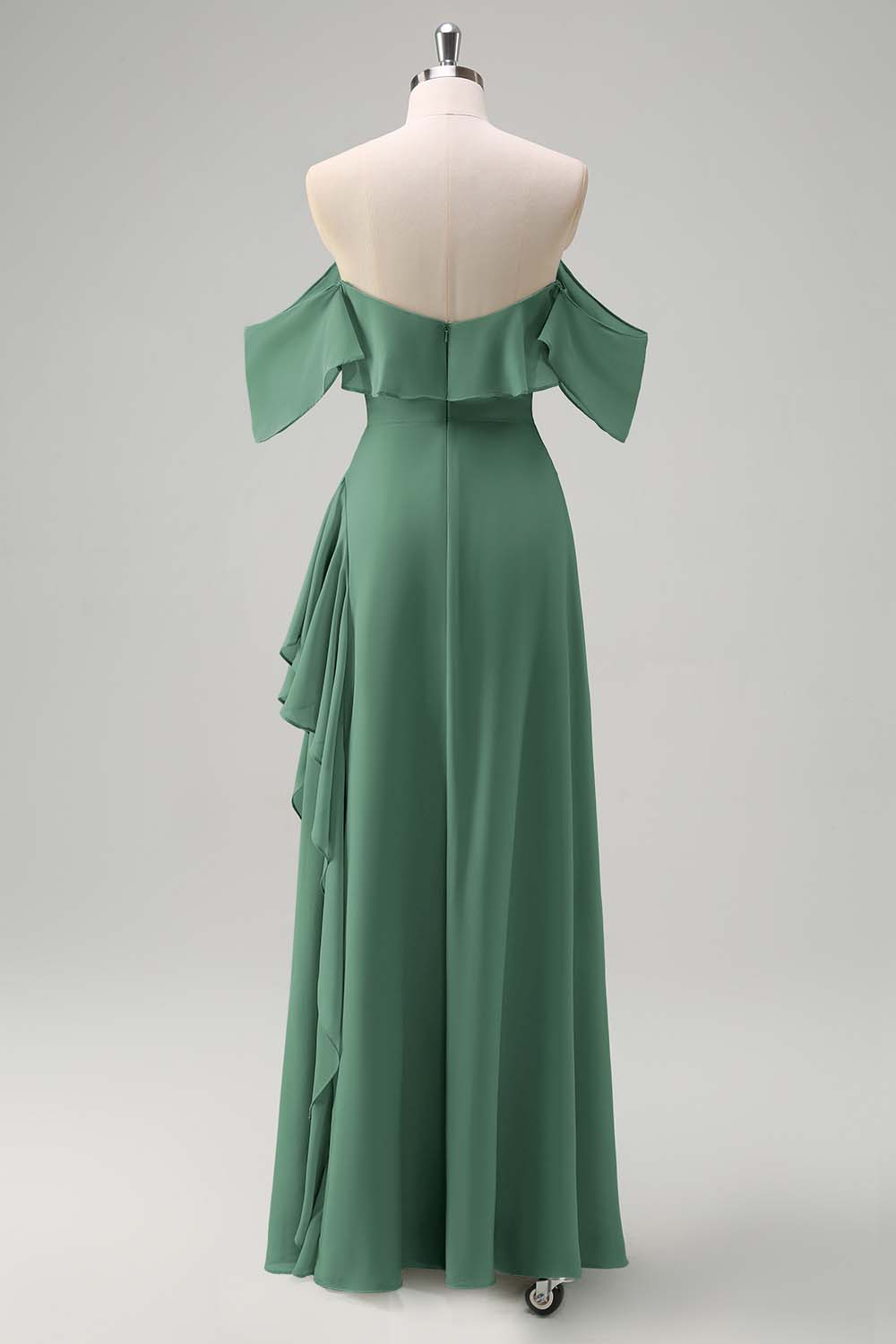 Light Green Sheath Off The Shoulder Chiffon Long Bridesmaid Dress with Ruffle Slit