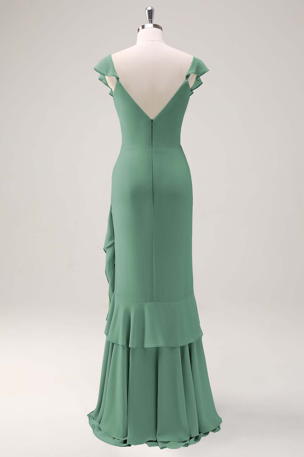Dusty Sage Sheath V Neck Chiffon Long Bridesmaid Dress with Ruffles