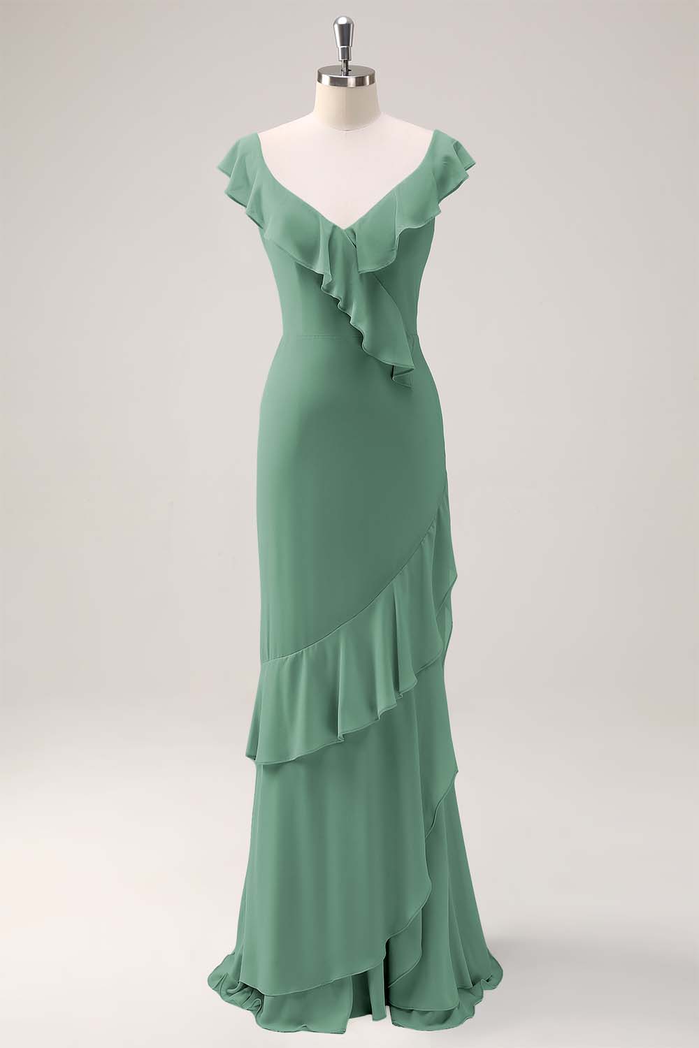 Dusty Sage Sheath V Neck Chiffon Long Bridesmaid Dress with Ruffles