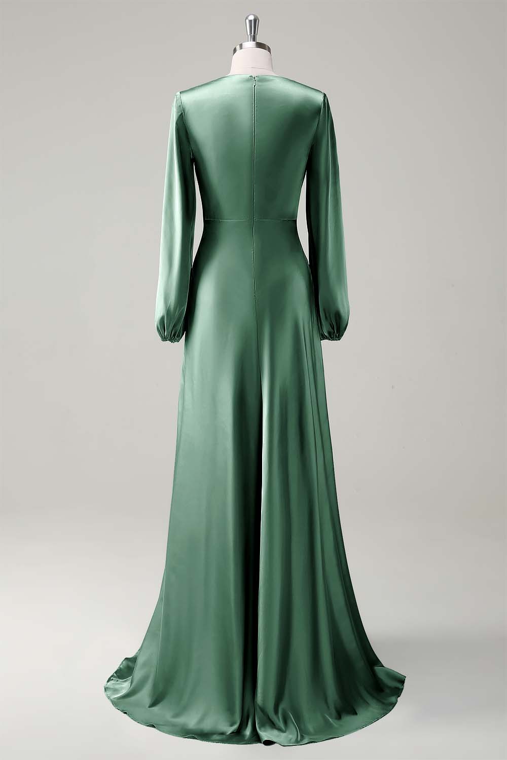 Agave A-Line Round Neck Satin Long Bridesmaid Dress with Long Sleeves