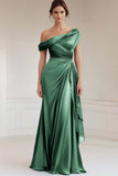 Grey Blue One Shoulder Satin Ruched Formal Dress with Ruffles