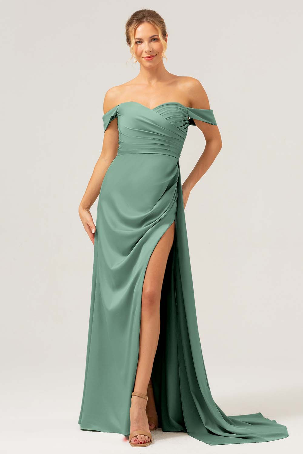 Stylish Dark Green Mermaid Off The Shoulder Pleated Satin Long Bridesmaid Dress with Slit