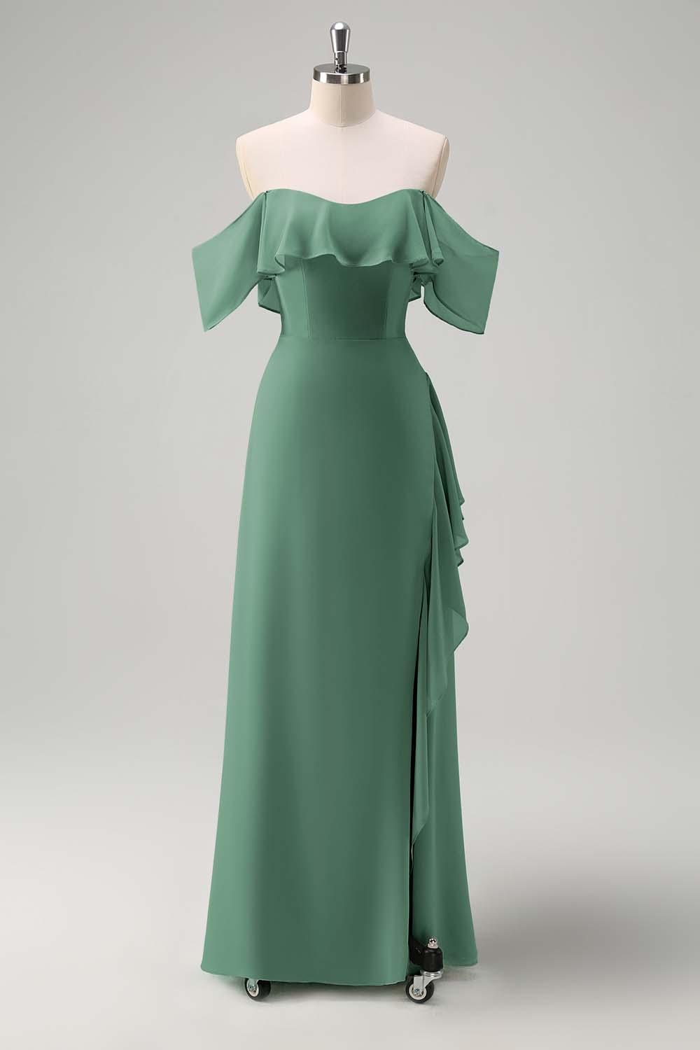 Light Green Sheath Off The Shoulder Chiffon Long Bridesmaid Dress with Ruffle Slit