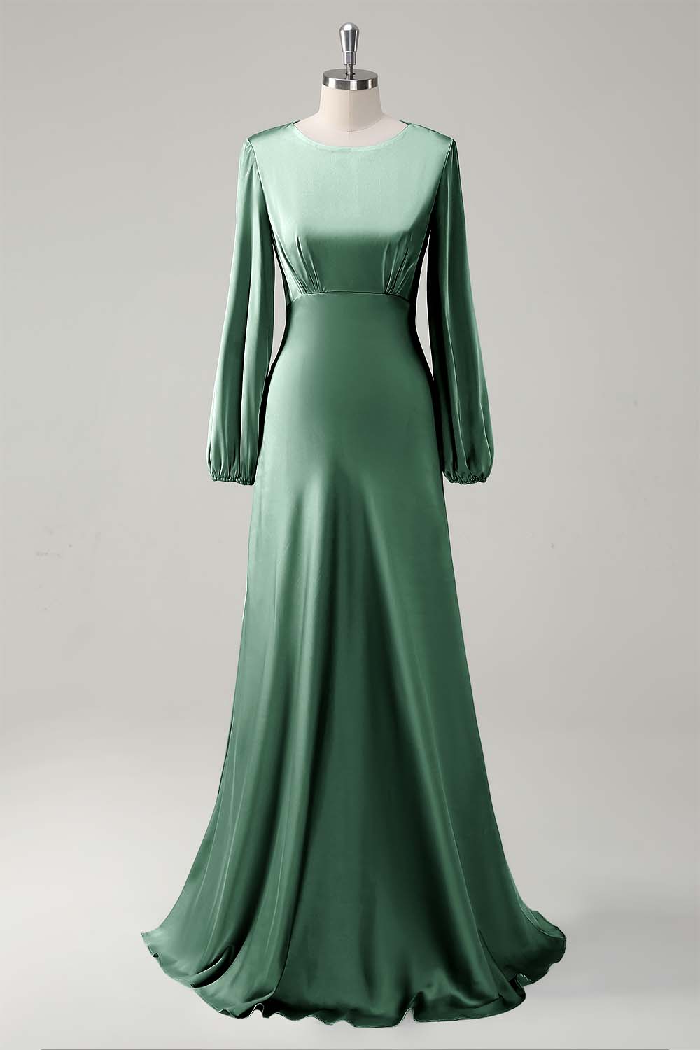 Agave A-Line Round Neck Satin Long Bridesmaid Dress with Long Sleeves