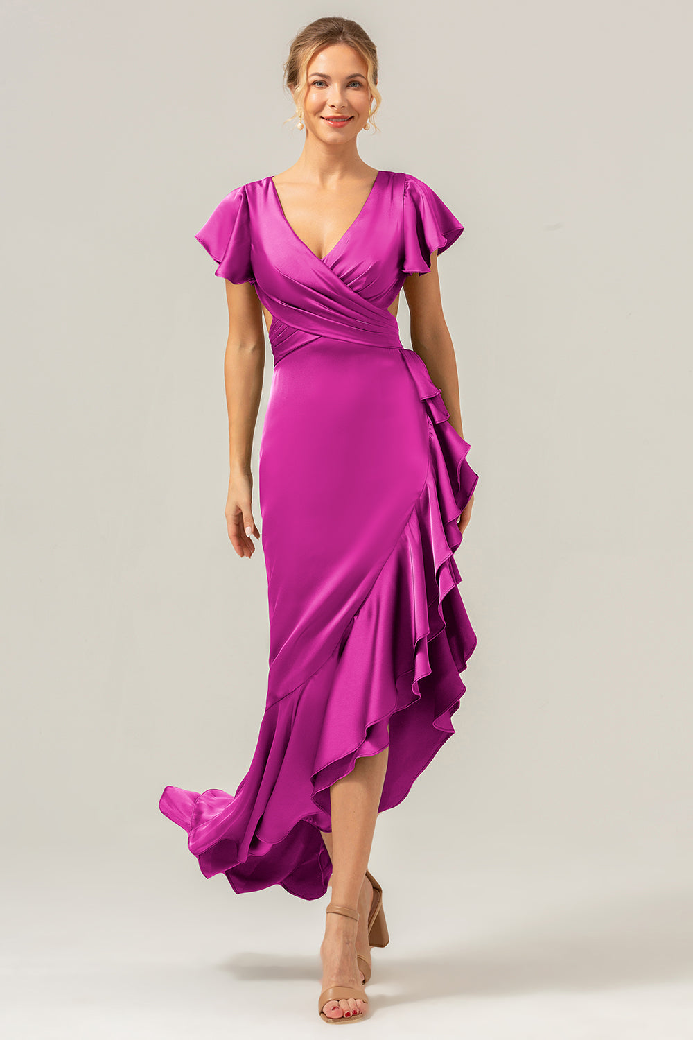 A Line V Neck Asymmetrical Dark Green Bridesmaid Dress with Ruffle Slit