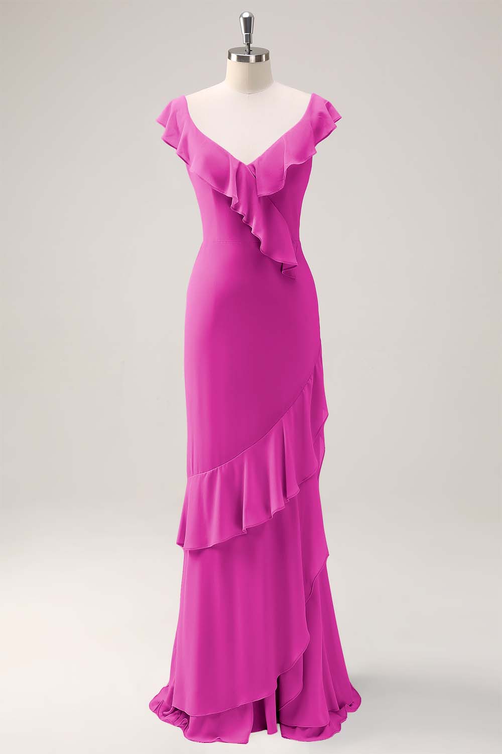 Dusty Sage Sheath V Neck Chiffon Long Bridesmaid Dress with Ruffles