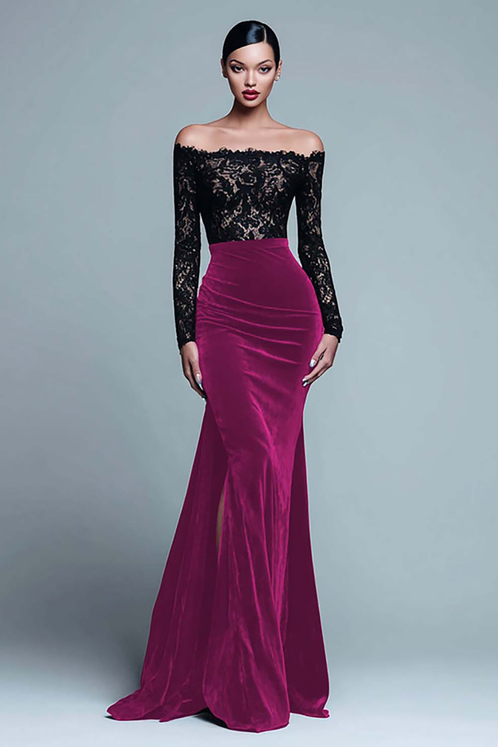 Black and Burgundy Velvet Mermaid Long Sleeve Lace Formal Dress