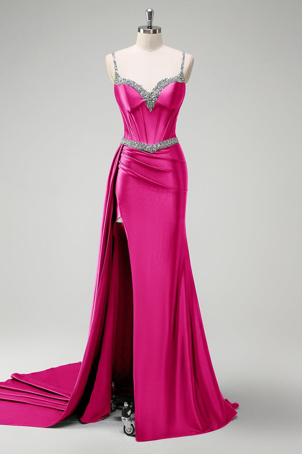 Sparkly Dark Green Mermaid Side Streamer Sequins Corset Satin Prom Dress with Slit