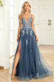 Grey Blue Spaghetti Straps A Line Long Prom Dress with Criss Cross Back