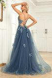 Grey Blue Spaghetti Straps A Line Long Prom Dress with Criss Cross Back