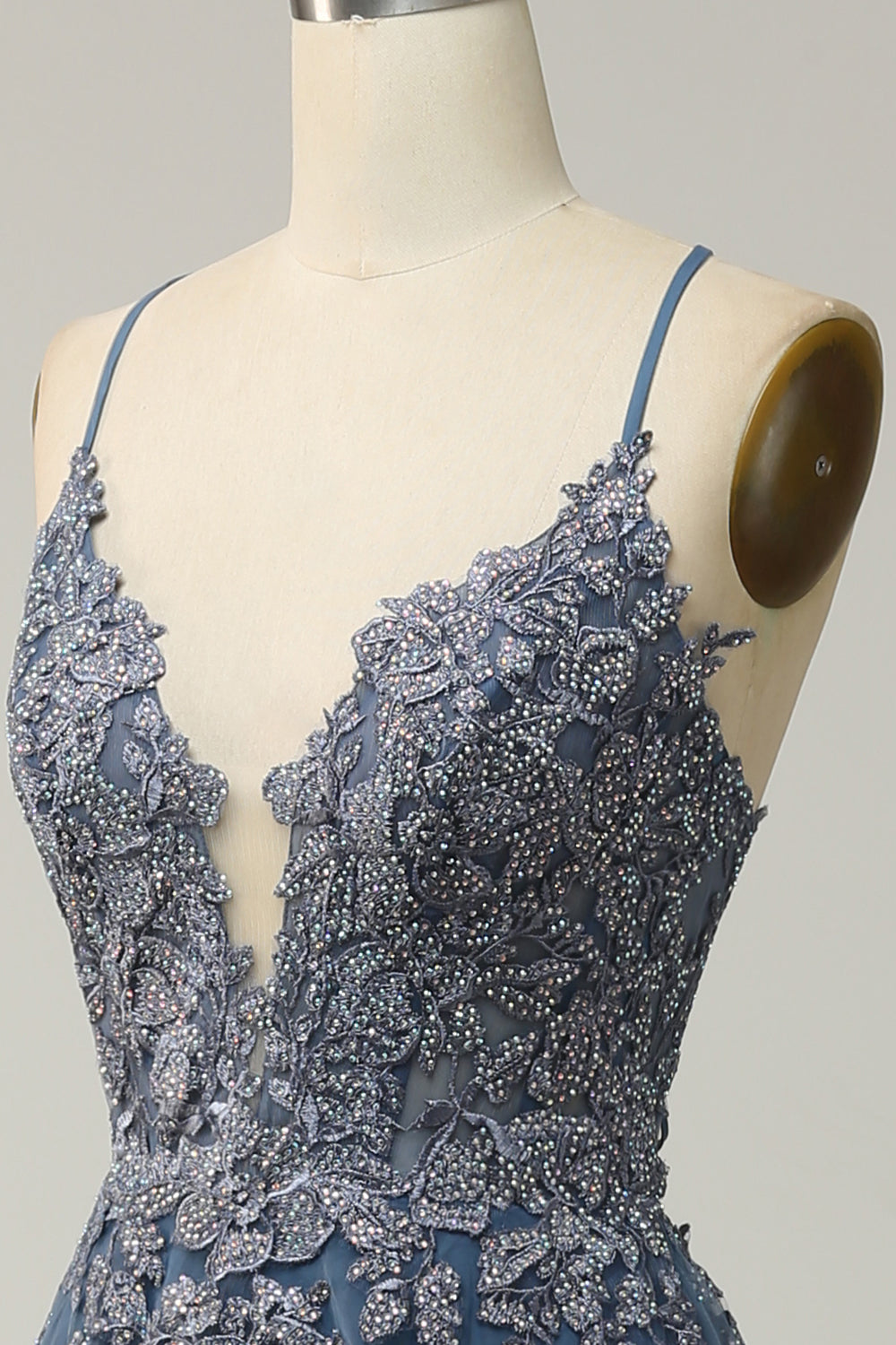 Grey Blue Spaghetti Straps A Line Long Prom Dress with Criss Cross Back