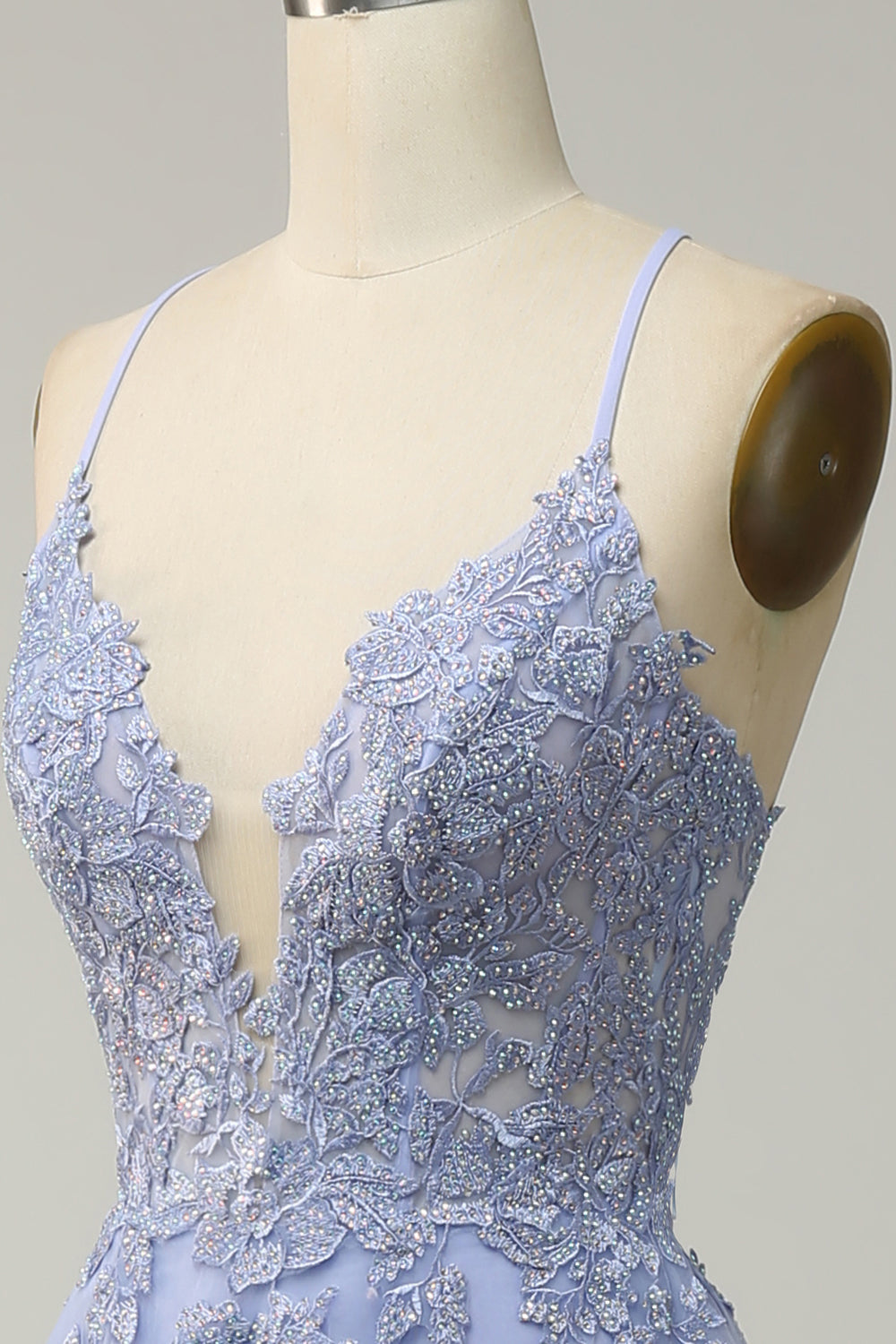 Light Purple Spaghetti Straps A Line Long Prom Dress with Lace Up Back