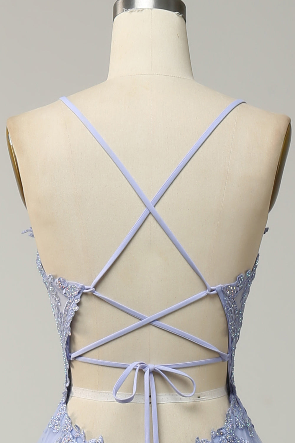 Light Purple Spaghetti Straps A Line Long Prom Dress with Lace Up Back