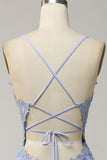 Light Purple Spaghetti Straps A Line Long Prom Dress with Lace Up Back