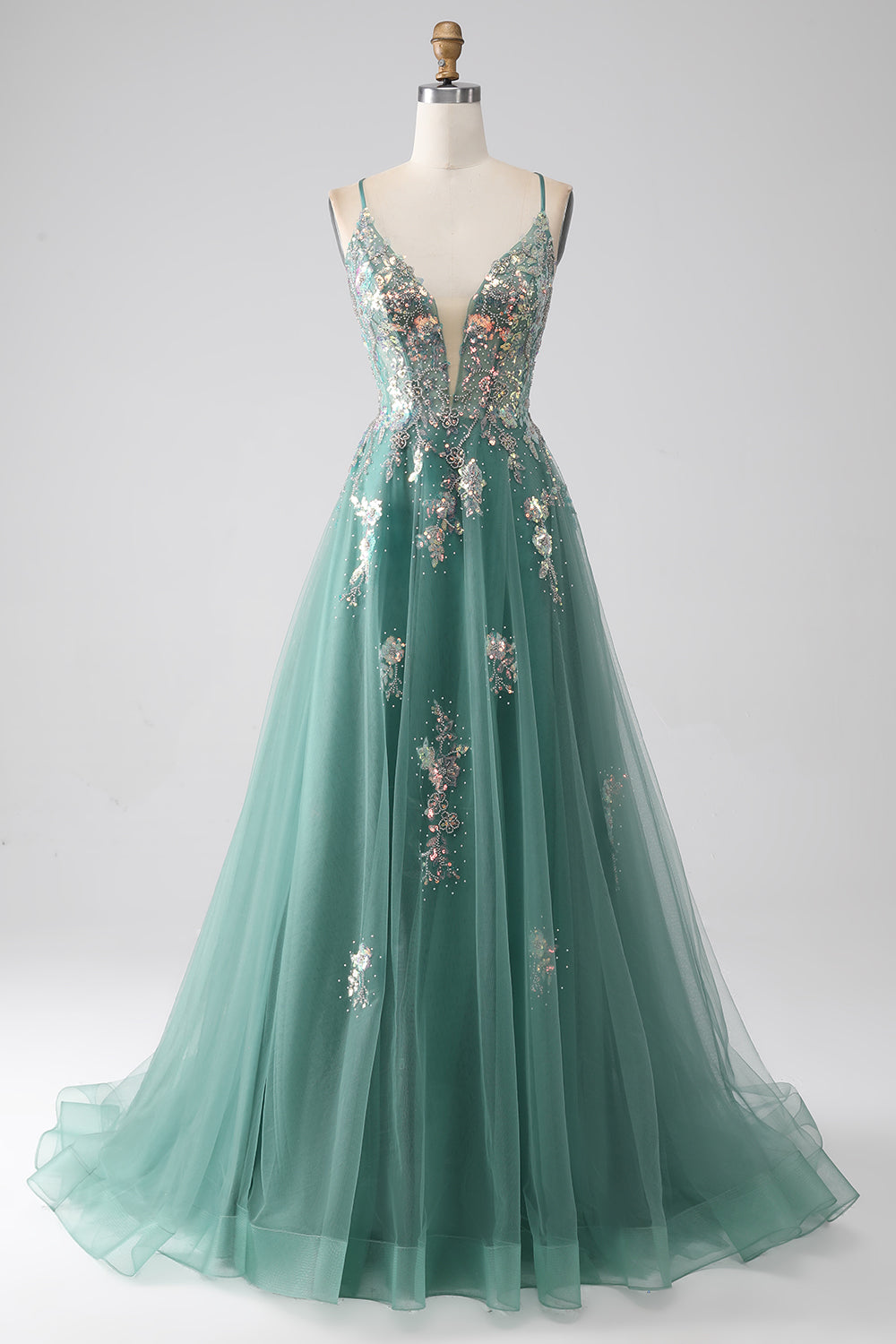 Sparkly Green A-Line Spaghetti Straps Long Prom Dress With Sequin Appliques